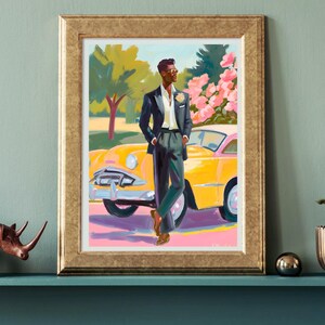 May include: A painting of a man in a suit standing next to a yellow vintage car. The man is wearing sunglasses and a white shirt with a flower in his lapel. The car is parked in front of a pink flower bush.