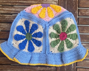 Crochet Floral Cotton Bucket Sun Hat, Colorful Granny Square Summer Hat