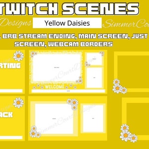Yellow Daisy Twitch-scener och webbkameraöverlägg - 5 statiska scener, 3 animerade scener, 2 webbkameraramar