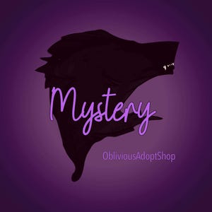 May include: A purple graphic with a black wolf head silhouette and the word "Mystery" in a cursive font. The shop name "ObliviousAdoptShop" is written below the word "Mystery".