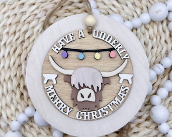 Highland Cow 3D Handpainted Christmas Ornament l Funny Saying