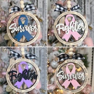 Wood Inspirational Words Cancer Awareness Ribbon Engraved Ornaments |  | *Pick Your Ribbon Colour*