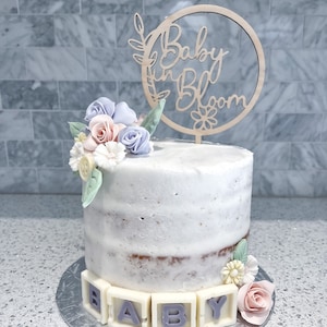 Whimsical Baby in Bloom Wood Cake Topper | Floral Leaf Design | Natural Wood | Baby Shower | Cupcake Toppers