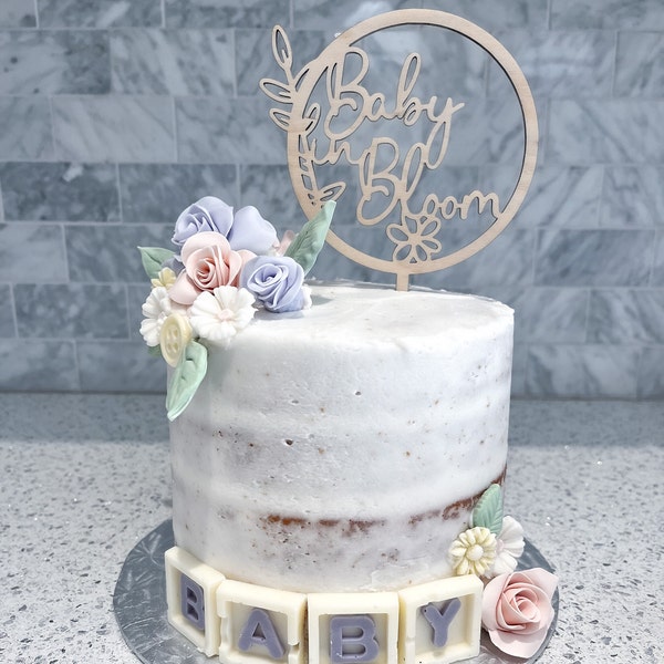 Whimsical Baby in Bloom Wood Cake Topper / Diseño de hojas florales / Madera natural / Baby Shower / Cupcake Toppers