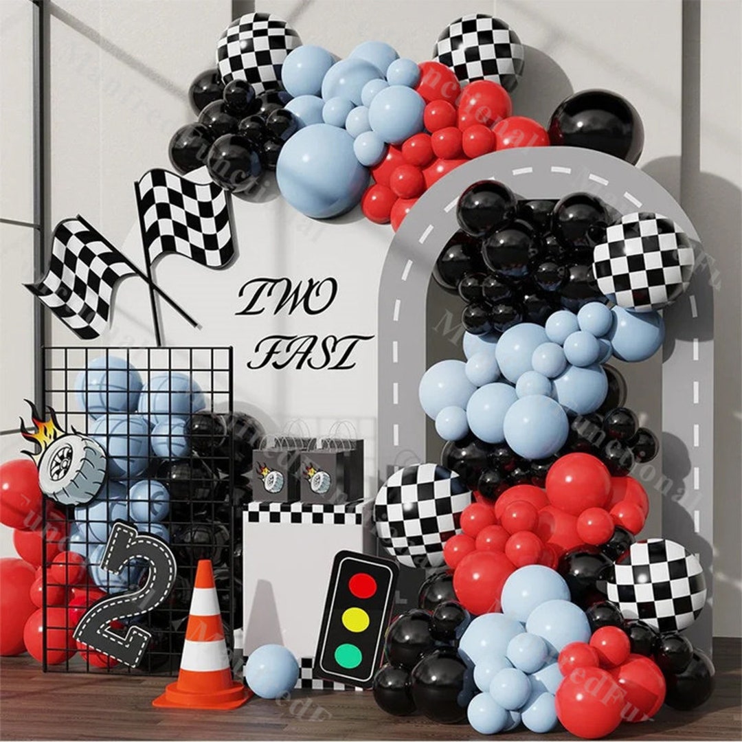 147pcs Racing Car Balloon Arch Kit Black Blue Two Fast Checked Balloons