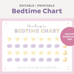 Hora de acostarse editable imprimible, plantilla de gráfico de pegatinas para dormir, rastreador de sueño para niñas, archivo de recompensa, rutina de cama para niños pequeños, descarga digital instantánea en PDF