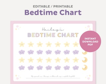 May include: A printable bedtime chart with a pink background and a purple and yellow color scheme. The chart features a title that says "Hailey's Bedtime Chart" and has a section for stickers with stars, clouds, and a crescent moon. The text at the bottom says "My goal is: Sleep without my night light."