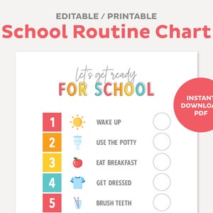Gráfico de rutina listo para la escuela para niños, rutina matutina, tareas imprimibles, lista de verificación de responsabilidad preescolar, descarga digital instantánea PDF
