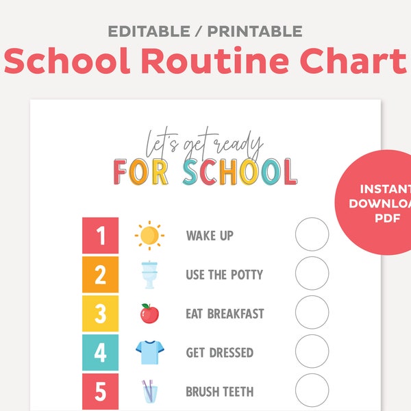 Ready for School Routine Chart for Kids, Morning Routine, Printable Tasks, Preschool Responsibility Checklist, Instant Digital Download PDF