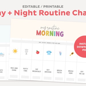 Gráfico de rotina escolar pronto para crianças, rotina matinal, tarefas para impressão, lista de verificação de responsabilidades noturnas, download digital instantâneo de PDF
