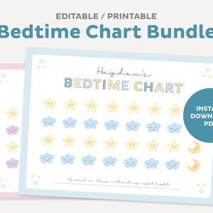 Paquete imprimible editable a la hora de acostarse, plantilla de gráfico de pegatinas para dormir, rastreador de sueño para niños, archivo de recompensa, rutina de cama para niños pequeños, PDF digital instantáneo