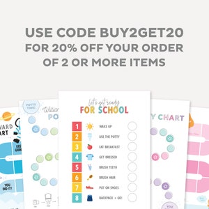 May include: Three printable reward charts for children. The first chart is a space-themed chart with planets and stars. The second chart is a potty training chart with a cartoon toilet. The third chart is a school readiness chart with a checklist of tasks to complete before school.