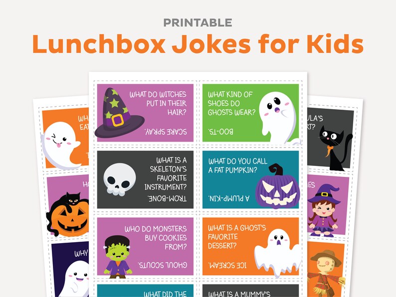 May include: Printable Halloween lunchbox jokes for kids.  The cards feature colorful illustrations of ghosts, pumpkins, witches, and skeletons.  Each card has a Halloween-themed joke and answer.