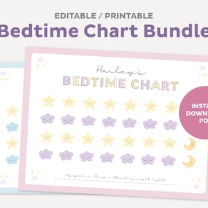 Pacote editável para impressão na hora de dormir, modelo de gráfico de adesivos de sono, rastreador de sono para meninas, arquivo de recompensa, rotina de cama de criança, PDF digital instantâneo