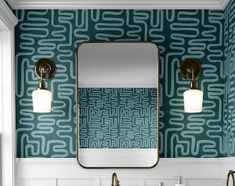 Blue Abstract Curve Wallpaper: Trendy Geometric Peel and Stick Wall Covering