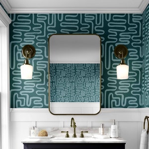 Blue Abstract Curve Wallpaper, Peel and Stick wallpaper for Bathrooms, Geometric trendy wall covering, colorful accent wallpaper, monochrome