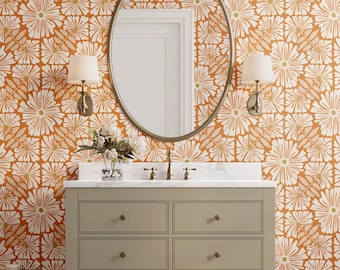 Floral Large Print Wallpaper | Retro Flower Wallpaper | Peel and Stick Wallpaper | Orange Removable Wall Covering | Traditional Unpasted