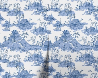 Toile Farmhouse Whimsical Wallpaper, Blue and White Peel and Stick Wallpaper, Neutral Removable Renter Friendly Wallpaper, Powder Bath