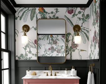 Chinoiserie Wallpaper | Peel and Stick Wallpaper | Crane/Birds Design | Accent Wallpaper | Bathroom Traditional Wallpaper | Temporary Paper