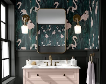 Pink Wallpaper | Flamingo In Trees | Peel and Stick Wallpaper | Accent Wallpaper | Bathroom Wallpaper | Temporary Paper | Renter Friendly