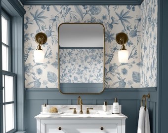 Toile Farmhouse Whimsical Wallpaper, Blue and White Peel and Stick Wallpaper, Neutral Removable Renter Friendly Wallpaper, Powder Bath