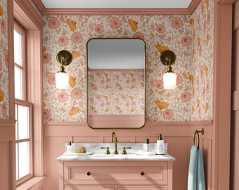Pink Wallpaper, Boho Wallpaper, Floral Wallpaper, Peel and Stick, Self-Adhesive Wallpaper, Whimsy, Bathroom Wallpaper, Removable Wallpaper