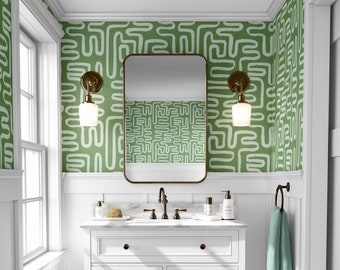 Green Curve Paint Strokes, Abstract Removable Peel and Stick Wallpaper