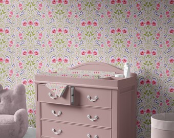 Pink Wallpaper | Floral Wallpaper | Peel and Stick Wallpaper | Accent Wallpaper | Powder Bath Wallpaper | Temporary Paper | Renter Friendly