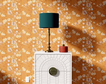 Orange Boho Floral Wallpaper | Peel and Stick Self-Adhesive Removable Wallpaper