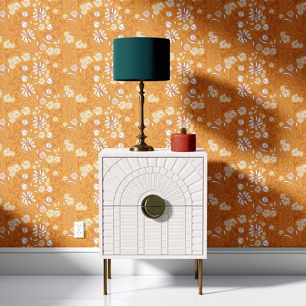 Orange Boho Floral Wallpaper | Peel and Stick Self-Adhesive Removable Wallpaper