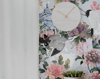 Blue Chinoiserie Crane Wallpaper: Elegant Peel and Stick, Removable