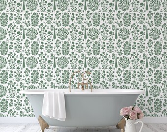 Vintage Damask Floral Block Print Wallpaper, Green and White Textured Peel and Stick Wallpaper, Self-Adhesive Renter Friendly Wallpaper