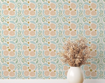 Floral Peel and Stick Wallpaper: Retro Blue Flower Print
