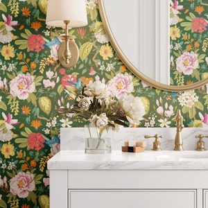 Chinoiserie Wallpaper, Floral Wallpaper, Removable, Peel and Stick, C Wallpaper, Elegant Wallpaper | Bathroom Wallpaper | Green Wallpaper
