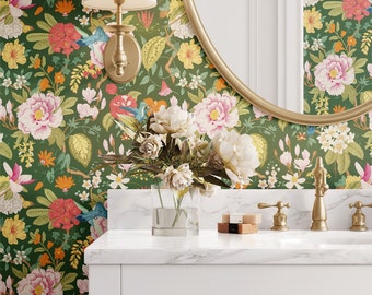 Green Chinoiserie Floral Wallpaper: Elegant Peel and Stick Removable Wallpaper
