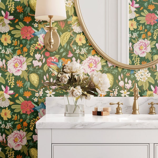 Chinoiserie Wallpaper, Floral Wallpaper, Removable, Peel and Stick, C Wallpaper, Elegant Wallpaper | Bathroom Wallpaper | Green Wallpaper