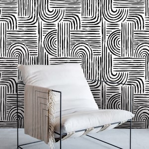 Abstract Wallpaper Black and White Wallpaper Paint Stroke Removable Peel and Stick Wallpaper Boho Geometric peel and stick wallpaper image 4