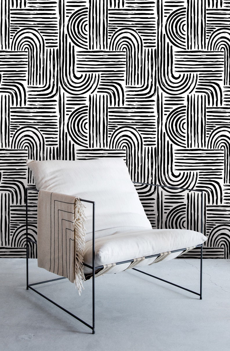 Abstract Wallpaper Black and White Wallpaper Paint Stroke Removable Peel and Stick Wallpaper Boho Geometric peel and stick wallpaper image 4