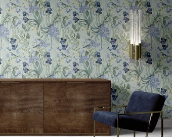Blue Peel and Stick Wallpaper, Birds Wallpaper, Whimsical wallpaper, Chinoiserie wallpaper, Powder bath wallpaper, Temporary wallpaper