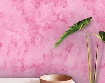 May include: A white ceramic bowl with a natural wood finish sits on a white countertop in front of a pink textured wall. A green leafy plant is in a black pot to the right of the bowl.