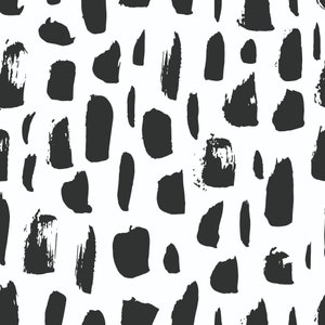 May include: A seamless pattern with black brushstrokes on a white background. The brushstrokes are abstract and organic in shape, creating a modern and minimalist design.