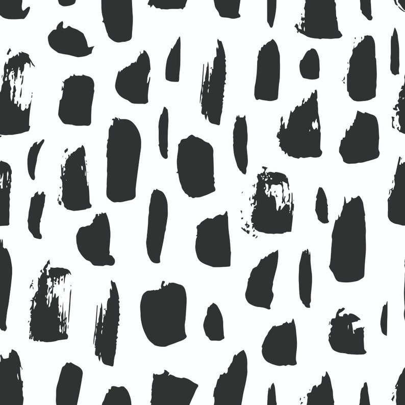 May include: A seamless pattern with black brushstrokes on a white background. The brushstrokes are abstract and organic in shape, creating a modern and minimalist design.