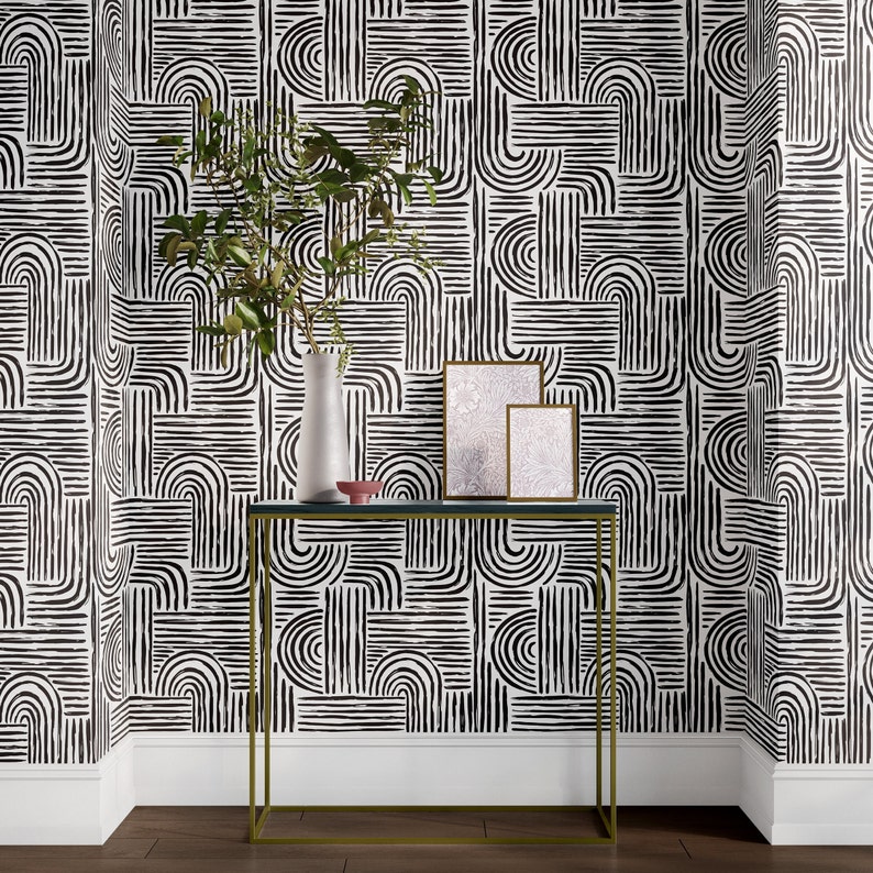Abstract Wallpaper Black and White Wallpaper Paint Stroke Removable Peel and Stick Wallpaper Boho Geometric peel and stick wallpaper image 5