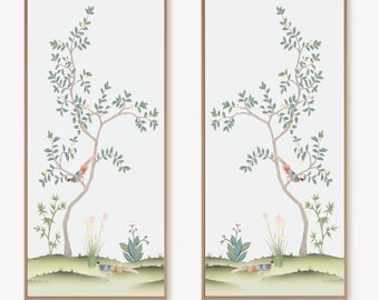 Blue Chinoiserie wall art panel /Flower art print / Vintage art print / chinoiserie panel /Set of 2. Each 24"W X 48"H / Frames not Included