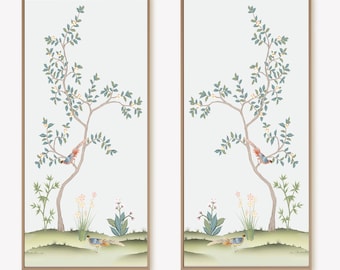 Blue Chinoiserie wall art panel /Flower art print / Vintage art print / chinoiserie panel /Set of 2. Each 24"W X 48"H / Frames not Included