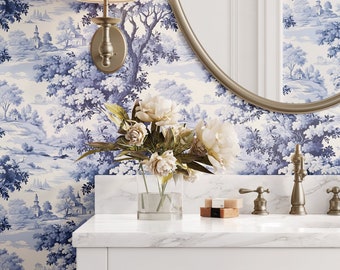 Blue Toile Peel and Stick Wallpaper: Whimsical Floral Design