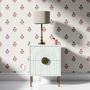 Block Print | Floral Wallpaper - Peel and Stick Wallpaper - Floral Wallcovering - Traditional Wallpaper - Pink Wallpaper - Removable