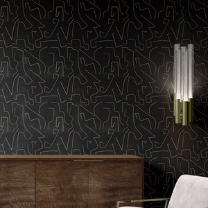 black abstract self-adhesive wallpaper, peel and stick removable wallpaper, minimal temporary wallpaper