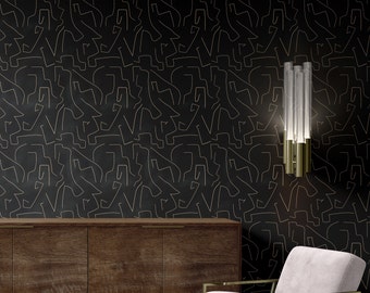 black abstract self-adhesive wallpaper, peel and stick removable wallpaper, minimal temporary wallpaper