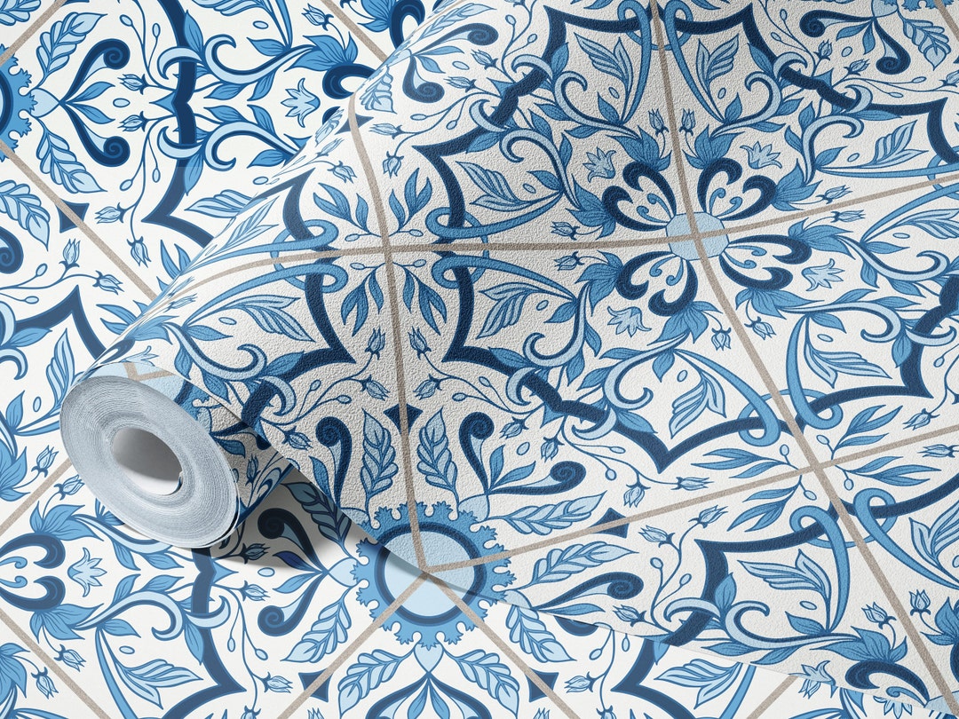Blue Tile Peel and Stick Wallpaper, Elegant Bathroom Wallpaper, Renter ...